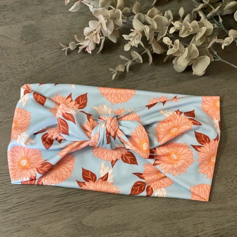 Light blue with Orange flower faux bow head